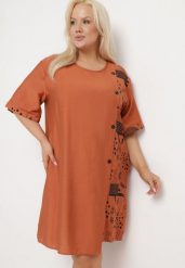 Pomarańczowa Bawełniana Sukienka o Pudełkowym Kroju z Wsuwanymi Kieszeniami Ozdobiona Guzikami Walliana. Brązowe sukienki damskie Born2be, bez wzorów, z bawełny, eleganckie, bez ramiączek. Za 79.99 zł.