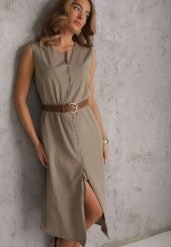 Zielona Pudełkowa Sukienka z Wiskozą Bawełną Guzikami i Paskiem Magmaris. Zielone sukienki damskie Renee, bez wzorów, z bawełny, biznesowe, bez ramiączek. Za 139.99 zł.