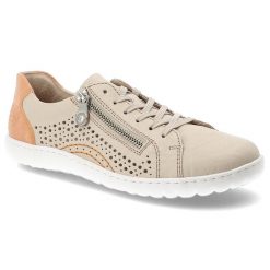 Półbuty damskie Rieker, ze skóry naturalnej licowej ażurowa cholewka zamek i sznurowanie lekka podeszwa, beżowe, 52824-60. Brązowe półbuty damskie Rieker, w ażurowe wzory, z materiału, bez obcasa, bez zapięcia. Za 296.90 zł.