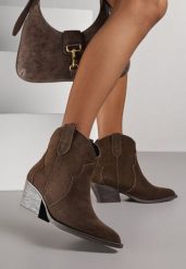Brązowe Botki Kowbojki na Stożku ze Skóry Naturalnej Liravetta. Brązowe botki damskie Renee, z jeansu, eleganckie, bez obcasa, na obcasie, bez zapięcia. Za 229.99 zł.