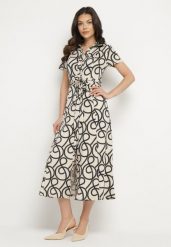 Czarno-Beżowa Koszulowa Sukienka z Wiskozą w Geometryczny Wzór Sarilissa. Czarne sukienki damskie Born2be, bez wzorów, z jeansu, eleganckie, bez ramiączek. Za 199.99 zł.