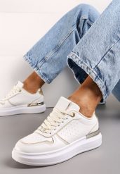 Beżowo-Białe Sneakersy na Niskiej Platformie z Brokatowymi i Metalicznymi Wstawkami Limexa. Brązowe obuwie sportowe damskie Born2be, bez zapięcia. Za 84.99 zł.