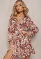 Beżowo-Pomarańczowa Koszulowa Mini Sukienka o Rozkloszowanym Kroju z Paskiem w Print Zelira. Brązowe sukienki damskie Renee, bez wzorów, bez ramiączek. Za 139.99 zł.