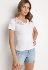 Biały Bawełniany T-shirt z Dekoltem w Serek z Cyrkoniową Aplikacją Nirivale. Białe t-shirty damskie Born2be, l, z aplikacjami, z bawełny, bez kołnierzyka. Za 34.99 zł.