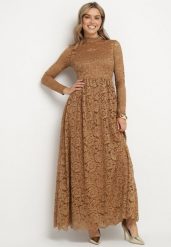 Beżowa Rozkloszowana Sukienka z Koronki ze Stójką i Gumką w Talii Delaviae. Brązowe sukienki damskie Born2be, bez wzorów, z koronki, eleganckie, bez ramiączek. W wyprzedaży za 135.99 zł.