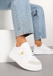 Biało-Złote Sneakersy Vices na Grubej Podeszwie Ozdobione Gwiazdką Fenalia. Białe obuwie sportowe damskie Born2be, z jeansu, bez zapięcia. Za 109.99 zł.