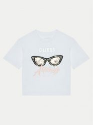 Guess T-Shirt J5RI40 K6YW4 Biały Regular Fit. Białe koszulki i t-shirty dziewczęce Guess, z aplikacjami, z bawełny, bez kołnierzyka, bez ramiączek. Za 69.99 zł.
