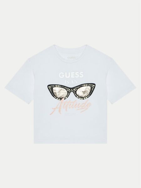 Guess T-Shirt J5RI40 K6YW4 Biały Regular Fit. Białe koszulki i t-shirty dziewczęce Guess, z aplikacjami, z bawełny, bez kołnierzyka, bez ramiączek. Za 59.99 zł.