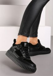 Czarne Sneakersy ze Skóry Naturalnej na Platformie Ozdobionej Tłoczeniem Erithna. Czarne obuwie sportowe damskie Renee, na jesień, z jeansu, bez zapięcia. Za 179.99 zł.
