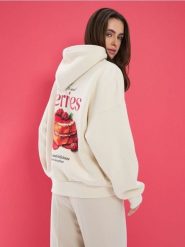 Bluza hoodie z nadrukiem - kremowy. Białe bluzy damskie Sinsay, l, bez wzorów, bez kaptura. Za 49.99 zł.