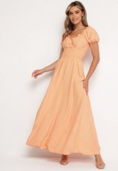 Pomarańczowa Wiskozowa Sukienka z Gumką w Pasie i Trójkątnym Dekoltem Quneri. Brązowe sukienki damskie Born2be, bez wzorów, z jeansu, eleganckie, bez ramiączek. W wyprzedaży za 67.99 zł.