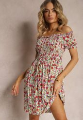 Biało-Różowa Hiszpanka Sukienka z Wiskozy w Kwiatowy Wzór z Gumką w Pasie Silemia. Białe sukienki damskie Renee, bez wzorów, z wiskozy, eleganckie, bez ramiączek. W wyprzedaży za 29.99 zł.