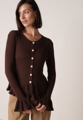 Brązowy Elegancki Kardigan z Wiskozy z Falbankami i Guzikami z Cyrkoniami Orsea. Brązowe kardigany damskie Born2be, z aplikacjami, z jeansu. Za 119.99 zł.