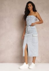 Jasnoniebieska Jeansowa Spódnica Midi o Fasonie Cargo z Rozcięciem Codie. Niebieskie spódnice damskie Renee, na co dzień, m, bez wzorów, z jeansu, eleganckie, midi. Za 139.99 zł.