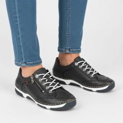 Półbuty damskie Rieker, cholewka ze skóry naturalnej o ziarnistej fakturze z kontrastowym sznurowaniem i bocznym zamkiem, niebieskie, 55901-14. Niebieskie półbuty damskie Rieker, bez wzorów, ze skóry, bez obcasa, bez zapięcia. Za 349.00 zł.