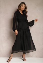 Czarna Elegancka Sukienka w Stylu Vintage z Powlekanymi Guzikami i Marszczeniami Lefandia. Czarne sukienki damskie Renee, bez wzorów, eleganckie, bez ramiączek. W wyprzedaży za 143.99 zł.