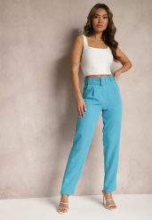 Niebieskie Spodnie Garniturowe High Waist z Paskiem Wenus. Niebieskie spodnie materiałowe damskie Renee, bez wzorów, z jeansu. Za 89.99 zł.