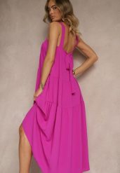Fioletowa Rozkloszowana Sukienka Ozdobiona Wiązaniem na Plecach Saviande. Fioletowe sukienki damskie Renee, bez wzorów, eleganckie, bez ramiączek. W wyprzedaży za 75.99 zł.