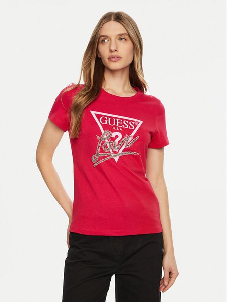 Guess T-Shirt W5RI10 I3Z14 Czerwony Regular Fit. Czerwone t-shirty damskie Guess, m, z aplikacjami, z bawełny, bez kołnierzyka. Za 119.99 zł.