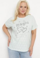Miętowy T-shirt Ażurowy z Ozdobnymi Cyrkoniami Cevola. Zielone t-shirty damskie Born2be, xl, w ażurowe wzory, bez kołnierzyka. Za 34.99 zł.