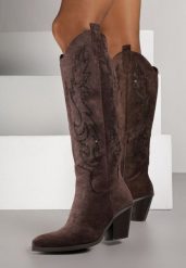 Ciemnobrązowe Kozaki Kowbojki na Stożku z Cholewką w Cyrkoniowy Wzór Nalimia. Brązowe kozaki damskie Born2be, z jeansu, bez obcasa, na obcasie, bez zapięcia. Za 169.99 zł.