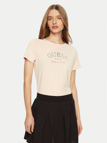 Guess T-Shirt V5RI16 J1314 Beżowy Regular Fit. Brązowe t-shirty damskie Guess, m, z aplikacjami, z bawełny, bez kołnierzyka. Za 79.99 zł.