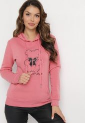 Różowa Klasyczna Bluza z Polarem i Kapturem Wkładana Przez Głowę i Ozdobiona Nadrukiem Lettora. Czerwone bluzy damskie Born2be, l, bez wzorów, z polaru, z kapturem. Za 44.99 zł.