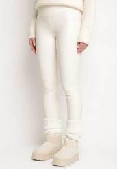 Białe Legginsy z Imitacji Skóry i Kieszeni z Wysokim Stanem Olabria. Białe legginsy damskie Born2be, m, bez wzorów, z jeansu. Za 34.99 zł.