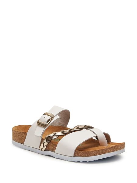 Comfortfusse Skórzane japonki w kolorze złoto-białym rozmiar: 42. Białe klapki damskie Comfortfüße, bez wzorów, ze skóry, z otwartym noskiem, bez obcasa, bez zapięcia. Za 197.63 zł.