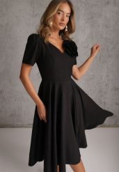 Czarna Sukienka o Rozkloszowanym Kroju z Odpinaną Kwiatową Aplikacją Anastosa. Czarne sukienki damskie Renee, z aplikacjami, eleganckie, bez ramiączek. Za 249.99 zł.