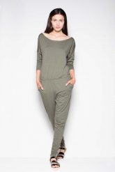 Oliwkowy Komfortowy Kombinezon z Szerokim Dekoltem. Zielone kombinezony damskie Venaton, l, bez wzorów, z elastanu, eleganckie, bez kołnierzyka, bez ramiączek. Za 249.00 zł.