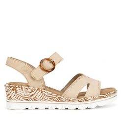 Sandały Rieker. Brązowe sandały damskie Rieker, bez wzorów, bez obcasa, na koturnie, bez zapięcia. Za 299.99 zł.