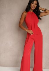 Czerwony Kombinezon Wide Leg z Ozdobnym Wiązaniem przy Szyi Silelia. Czerwone sukienki damskie Renee, bez wzorów, eleganckie, bez ramiączek. W wyprzedaży za 111.99 zł.