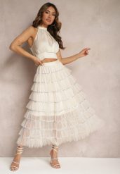 Beżowa Rozkloszowana Spódnica Maxi z Falbankami i Cekinami Noobi. Brązowe spódnice damskie Renee, m, bez wzorów, z materiału, eleganckie, maxi. Za 89.99 zł.