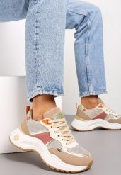 Ciemnobeżowe Sneakersy z Tłoczonego Materiału z Brokatowymi i Metalicznymi Wstawkami Thermia. Brązowe obuwie sportowe damskie Renee, bez zapięcia. Za 89.99 zł.