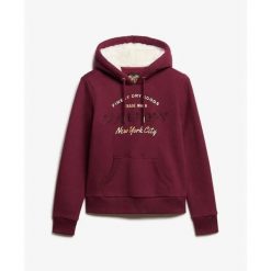 Damska bluza z kapturem z metalicznym logo Superdry Luxe. Czerwone bluzy damskie Superdry, xs, bez wzorów, z bawełny, z kapturem. Za 381.50 zł.