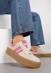 Beżowo-Fuksjowe Sneakersy Zamszowe na Platformie ze Skórzaną Wkładką Ozdobione Paskiem Adivrie. Brązowe obuwie sportowe damskie Renee, z jeansu, bez zapięcia. Za 189.99 zł.
