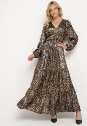 Czarno-Złota Rozkloszowana Sukienka w Panterkę z Falbanami i Gumką w Talii Tinnetra. Czarne sukienki damskie Born2be, z aplikacjami, eleganckie, bez ramiączek. Za 179.99 zł.