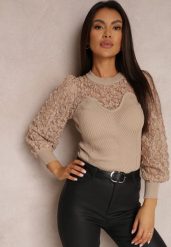 Beżowy Sweter z Prążkowanej Dzianiny z Koronką Ule. Brązowe swetry klasyczne damskie Renee, s, z dzianiny, bez kołnierzyka. Za 119.99 zł.
