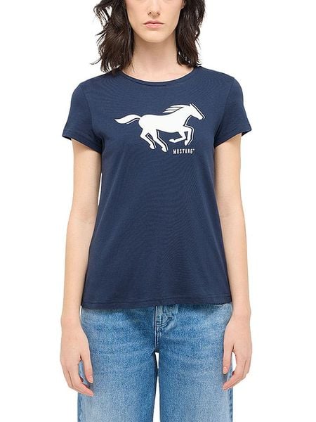 Mustang Koszulka w kolorze granatowym rozmiar: M. Niebieskie bluzki damskie Mustang, m, bez wzorów, z bawełny, bez kołnierzyka, bez ramiączek. Za 41.59 zł.