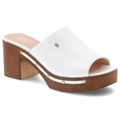 Klapki damskie Simen, ze skóry licowej na klocku z ozdobami eleganckie, białe, 6844A. Białe klapki damskie Simen, bez wzorów, ze skóry, bez obcasa, na obcasie, bez zapięcia. Za 339.00 zł.