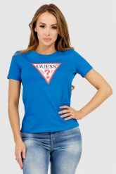 GUESS Niebieski t-shirt damski z dużym trójkątnym logo. Niebieskie t-shirty damskie Guess, s, z aplikacjami, z bawełny, bez kołnierzyka. W wyprzedaży za 119.99 zł.