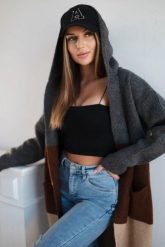 Sweter Kardigan z kapturem w pasy grafitowy+brązowy+camelowy. Brązowe kardigany damskie KESI, l, bez wzorów, z jeansu. Za 209.08 zł.