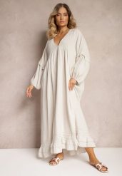 Beżowa Muślinowa Trapezowa Sukienka z Bawełny Wykończona Falbaną i Ozdobnymi Rękawami Tanisea. Brązowe sukienki damskie Renee, bez wzorów, z bawełny, eleganckie, bez ramiączek. W wyprzedaży za 135.99 zł.
