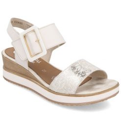 Skórzane komfortowe sandały na koturnie na rzep Rieker Remonte D6453-01. Sandały damskie Remonte, bez wzorów, z materiału, bez obcasa, na koturnie, bez zapięcia. Za 209.99 zł.