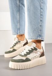 Beżowo-Zielone Sneakersy na Tłoczonej Podeszwie ze Zdobieniami w Panterkę Gerraza. Brązowe obuwie sportowe damskie Born2be, z jeansu, bez zapięcia. Za 109.99 zł.