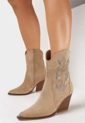 Ciemnobeżowe Botki Kowbojki na Stożku Ozdobione Haftem i Cyrkoniami Seramane. Brązowe botki damskie Born2be, boho, bez obcasa, na obcasie, bez zapięcia. Za 189.99 zł.