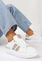 Biało-Szampańskie Sneakersy na Platformie z Brokatowymi Wstawkami Railawa. Białe obuwie sportowe damskie Born2be, z materiału, bez zapięcia. Za 89.99 zł.