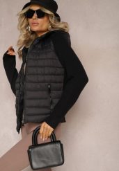 Czarna Kurtka z Kapturem i Pikowanym Przodem Gelise. Czarne kurtki damskie Renee, m, bez wzorów, z dzianiny, z kapturem. Za 159.99 zł.