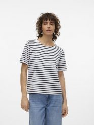 Vero Moda Koszulka "Abby" w kolorze granatowo-kremowym rozmiar: XS. Brązowe bluzki damskie Vero Moda, xs, bez wzorów, bez kołnierzyka, bez ramiączek. Za 70.45 zł.